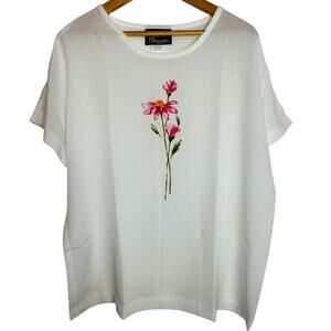 NOS Vintage Silver Threads Women's Silky Short Sleeve Blouse Flower Graphic USA